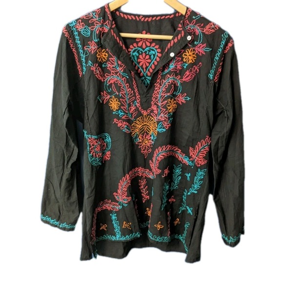 Black Cotton Tunic with Colorful Pink and‎ Green Embroidery, Possibly Hand Done. - Picture 1 of 7